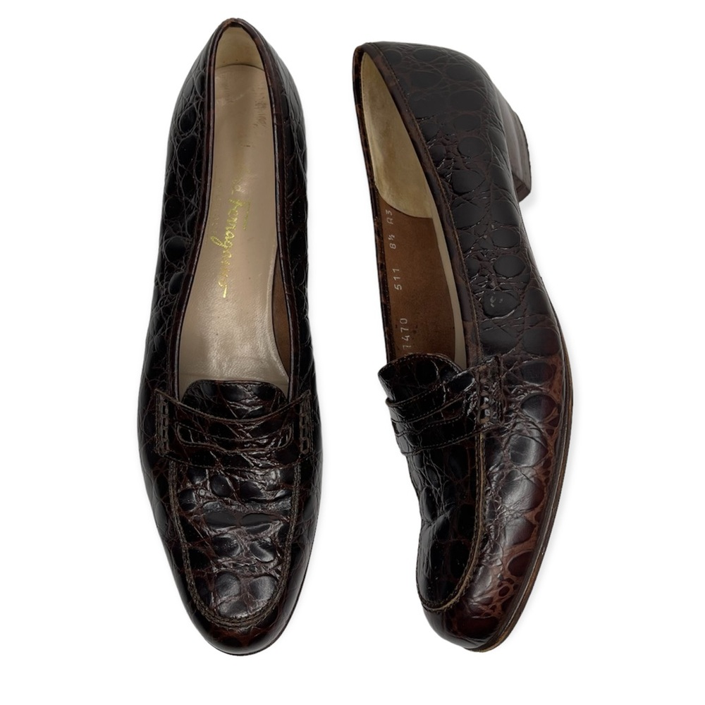 Salvatore Ferragamo Vtg 80s Croc Embossed Leather Penny Loafers Slip On Size 8.5